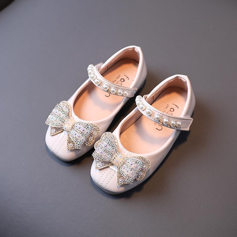 Girls' Leather Shoes Children's Soft-soled Princess Spring Shallow New Korean Big Kids Girls' Bow Rhinestone Pearls Dress Shoes