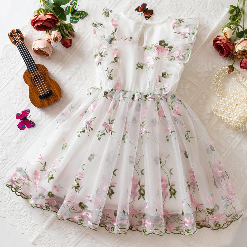 Girl Summer Princess Dress With Embroidered Flowers And Bow For Toddler Girls