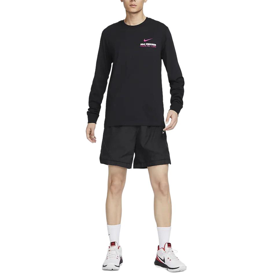 Nike Buchstaben-Logo-Print Basketball Rundhals Casual Langarm-T-Shirt Herren Tops Schwarz FQ4919-010