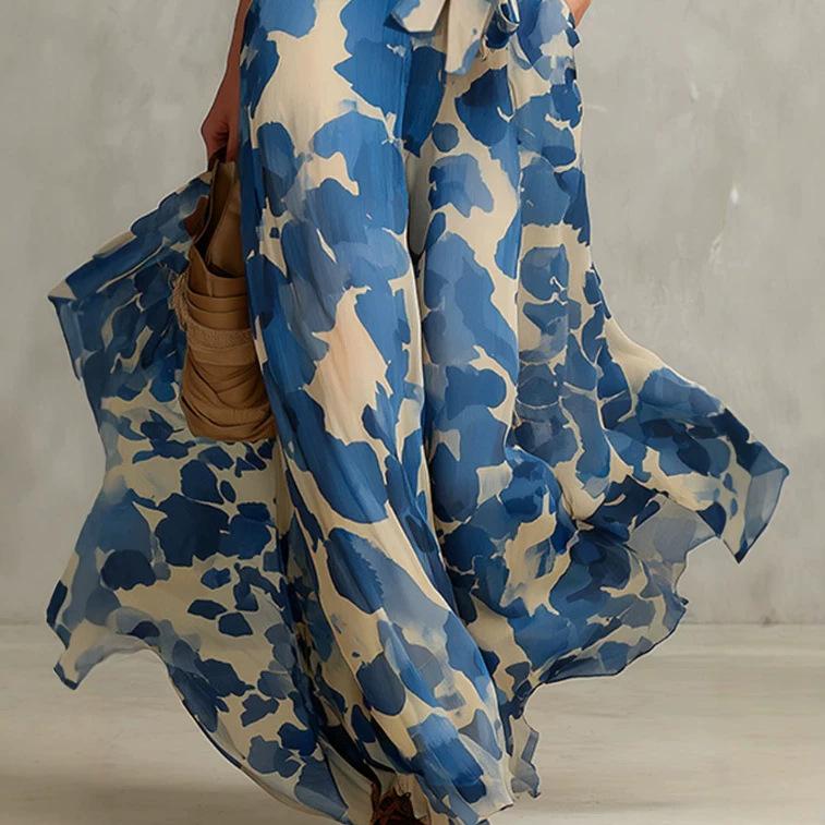 European and American Retro Elegant Blue Printed Sleeveless Tie Waist Yarn Dress