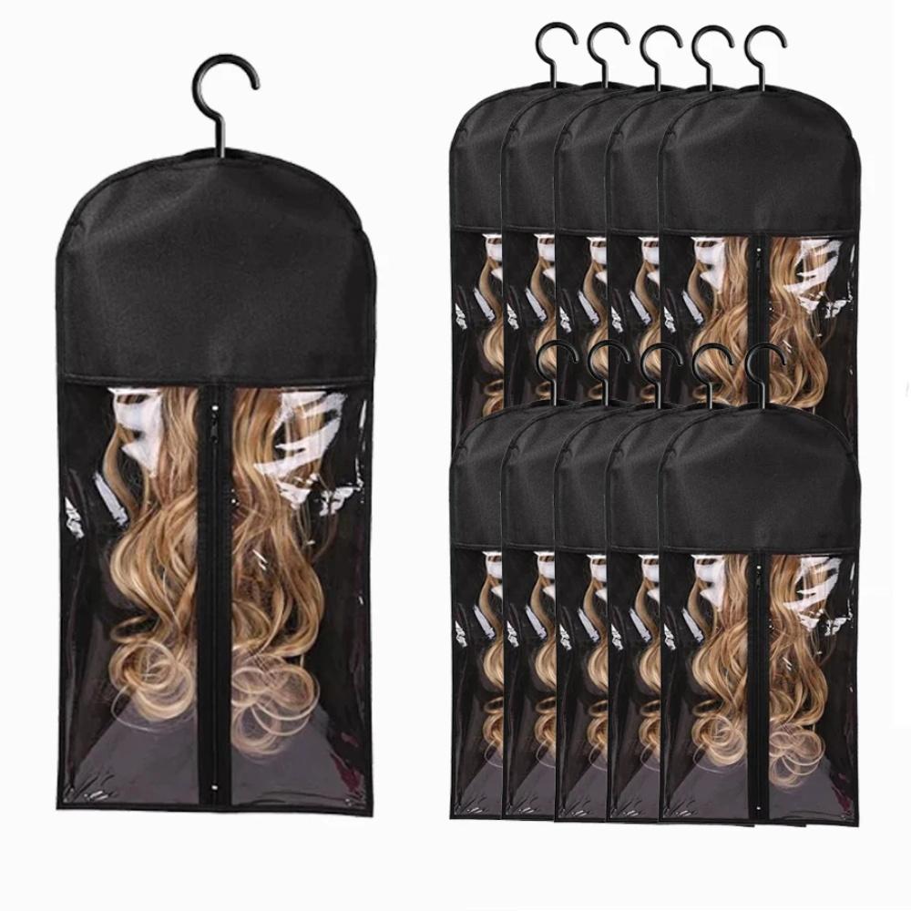 10pcs Wig Storage Bag With Hanger Hair Bags With Plastic Hanger For Virgin Hair Black Wig Organizer Hangers For Multiple Wigs