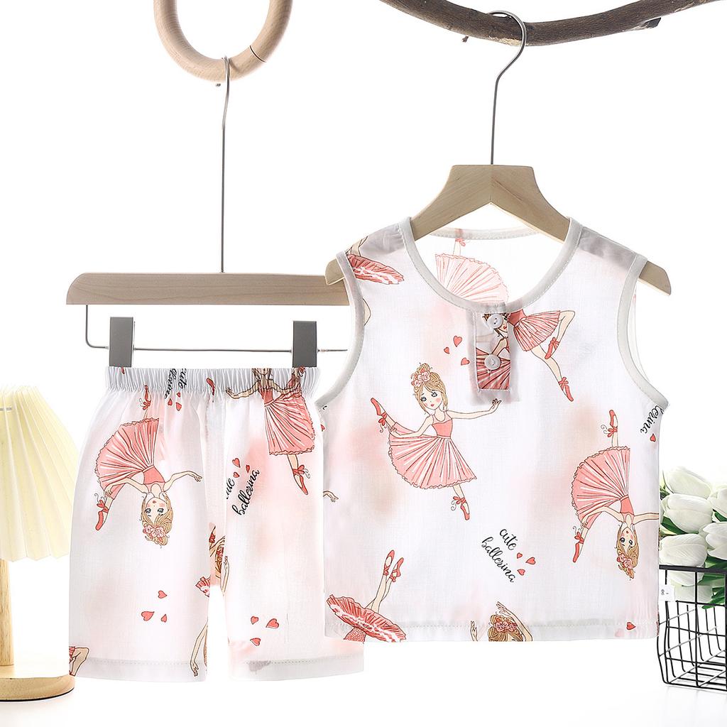 Summer Kids Cotton Silk Vest And Shorts Set Boys Girls Breathable Pajamas Home Wear Two Piece Outfit For Baby