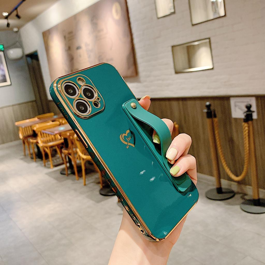 Applicable To iPhone17 Mobile Phone Case New Electroplated 6D Straight Edge Side Love Wristband Bracket Apple 16 Protective Case