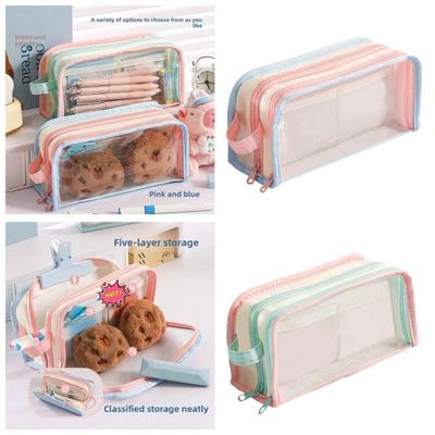 Transparent Display Korean PVC Stationery Bag Multilayer Desktop Storage Korean Style Pencil Case Large Capacity Pink Blue Green