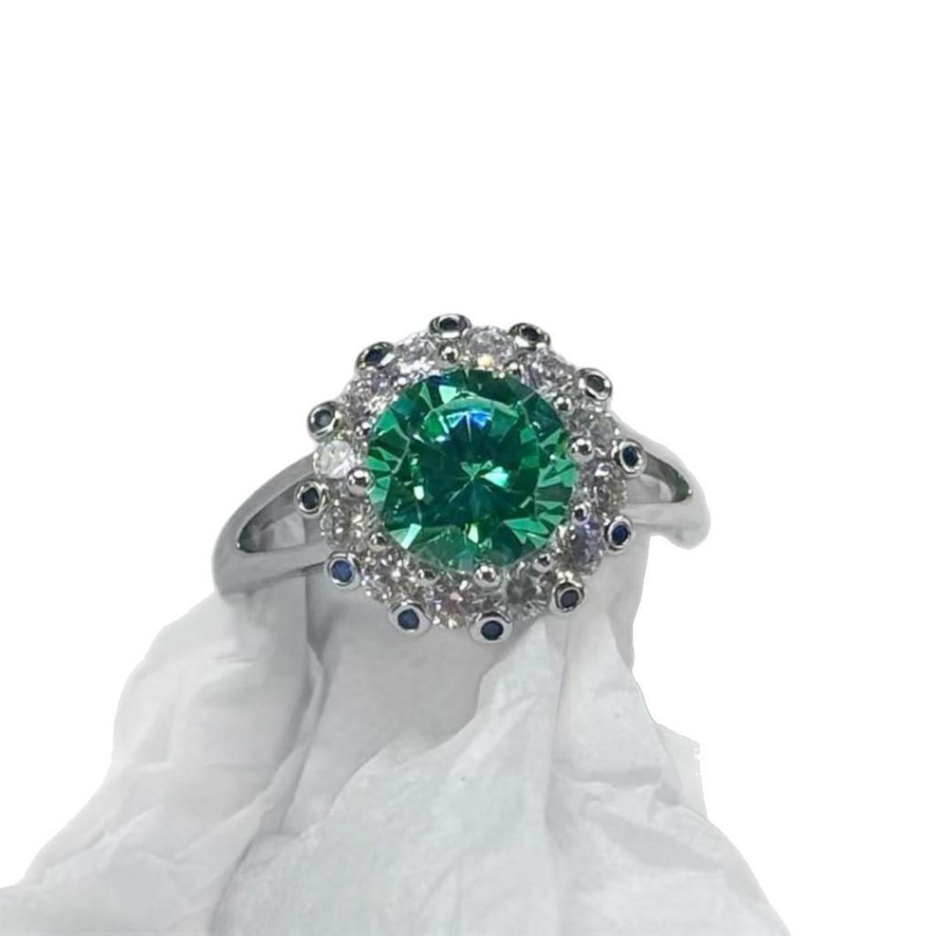 Luxury 2-Carat Blue-Green Moissanite Full Diamond Open Ring for Women