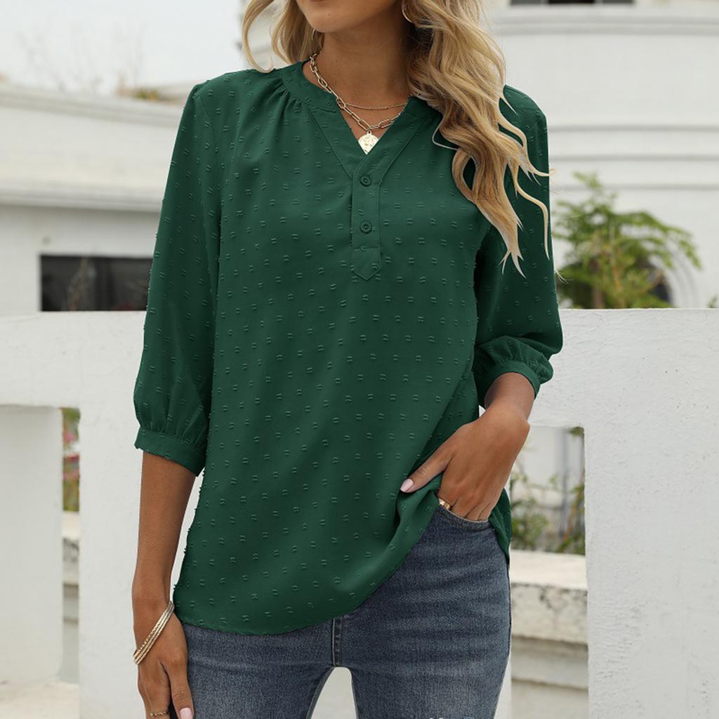 Women's Casual Loose-fitting Spring/Summer Stand Collar Mid-Sleeve Shirt Pom-Pom Top