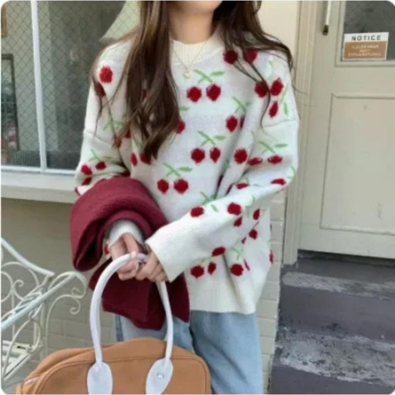Korean Sweater for Women Autumn and Winter Loose and Lazy Style Pullover Sweet Little Fruit Christmas Knit Sweater