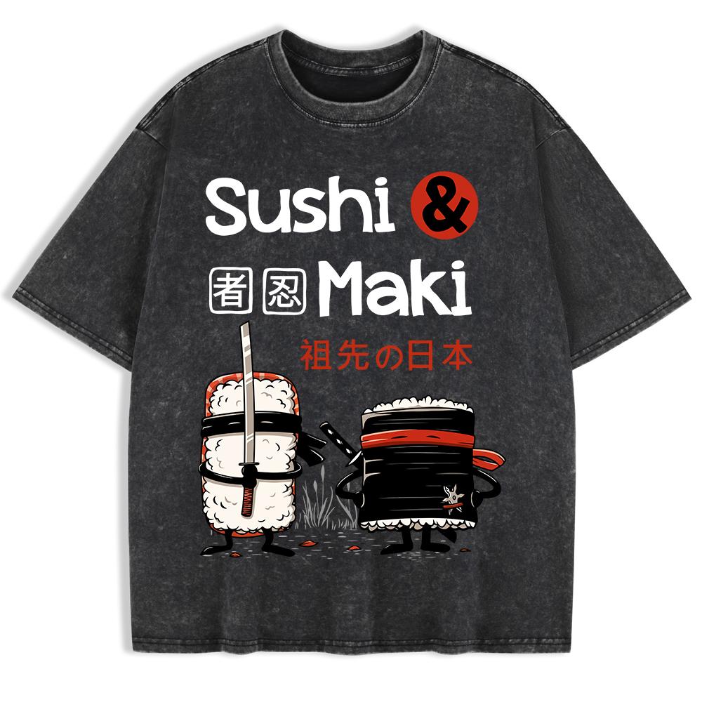 Japan Comics Ninja Sushi Printed Washed T-Shirts Mens Cotton Oversize T Shirt Basic O-Neck Short Sleeve Tops Summer Clothes