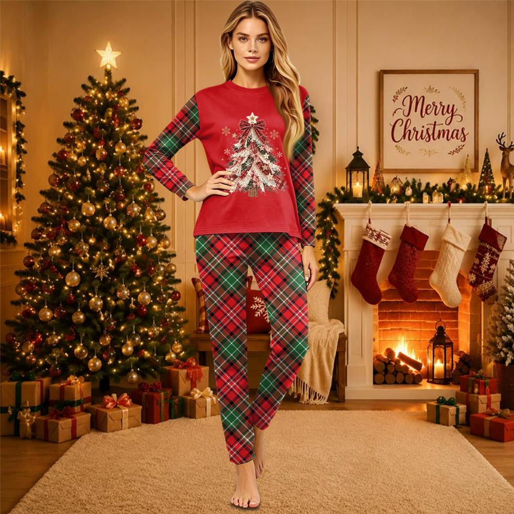 Christmas-print long-sleeve and long-pant matching family loungewear set