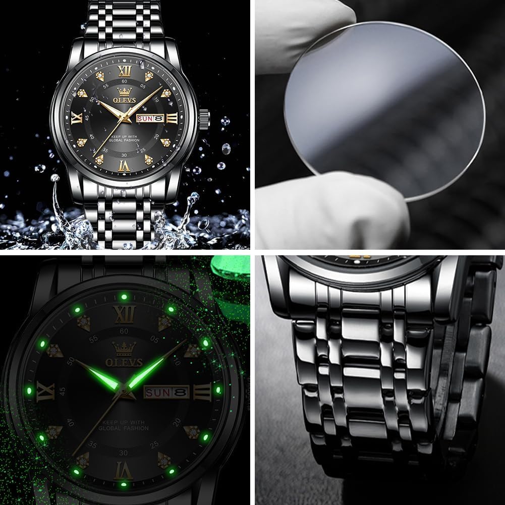 OLEVS All Stainless Stylish Men's Watch, Black, Popular, Quartz, Calendar, Waterproof, Steel, [Item]