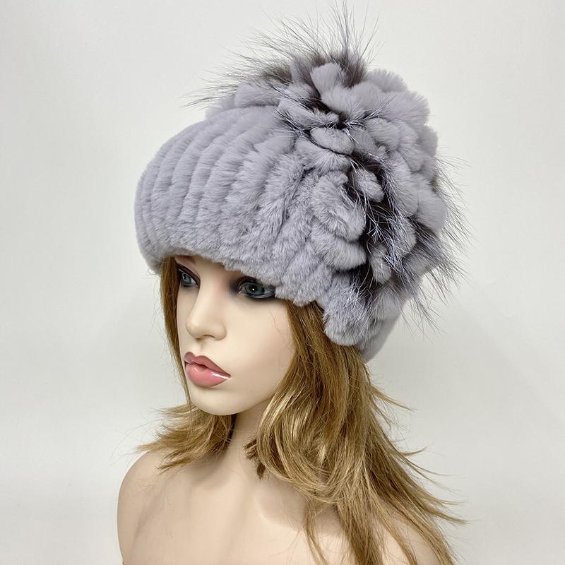 New Luxury Women Fur Hat For Winter Handmade Natural Rex Rabbit Fox Fur Cap Fluffy Female Fur Headgear Brand Warm Beanies Cap
