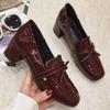 Women's Chunky Heel Loafers 2025 Spring New Korean Style Patent Leather Vintage Square Toe Versatile Loafers Shoes