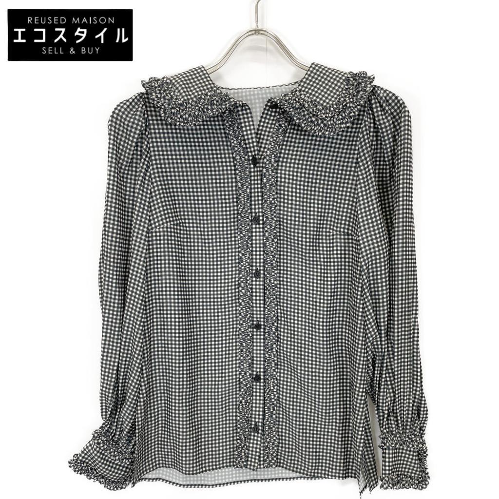 Cygne Black Gingham Check Frill Blouse Tops Not Written Black X whiteUsed