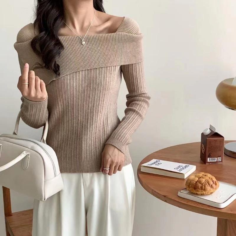 Temperament one-word shoulder base sweater women's autumn and winter inner long-sleeved lapel knitted sweater unique chic top women