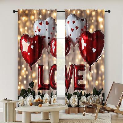 2pc,  Window Curtains Valentine's Day Truck Background Romantic Love Balloons Versatile Fabric,Without Electricity Festive