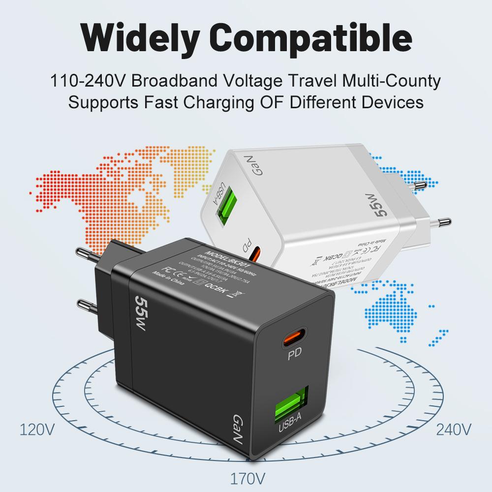 55W GaN Charger Fast Charging Charger USB C Type C High Speed Charger for IPhone Pro Xiaomi Samsung Mobile Phone Wall Adapter