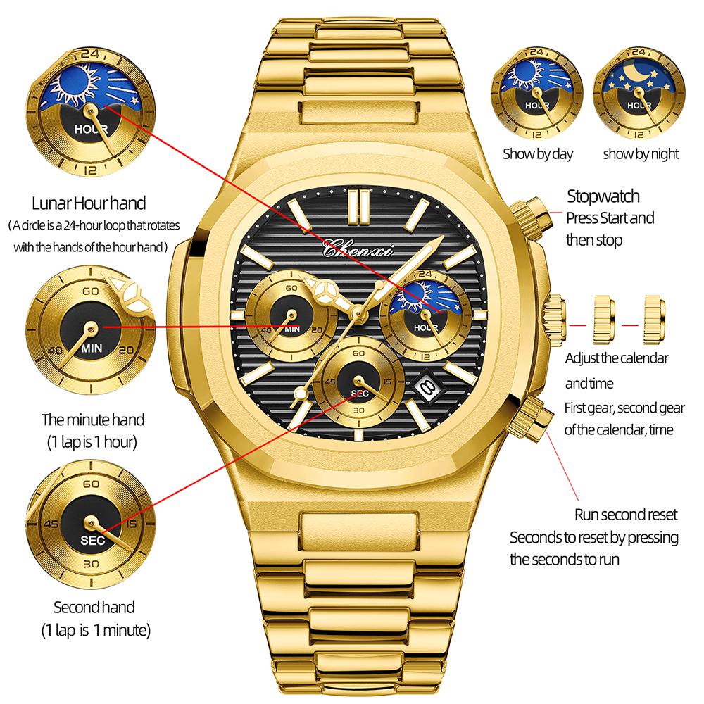 Original CHENXI Men Watches Gold Stainless Steel Waterproof Quartz Chronograph Date Luxury Watch For Men Relogio Masculino