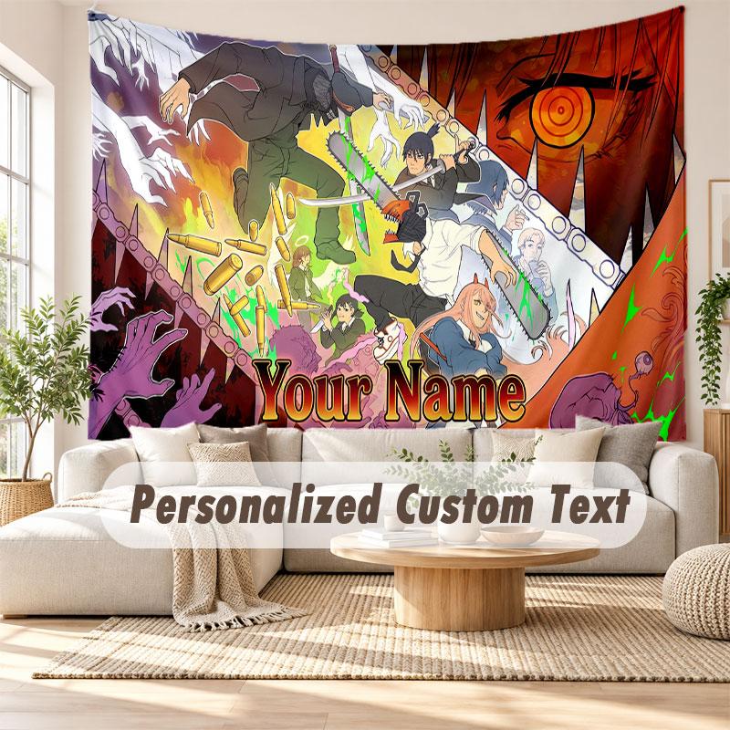 Custom Name Wall Hanging Tapestry,Chainsaw Man Decorative Backdrop Tapestry For Dorm Home
