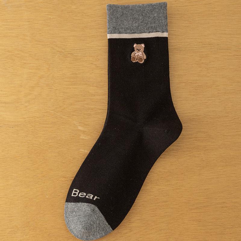 Mid-Calf Cotton Socks with Lace Ruffle, Embroidery & Cartoon Animal Design - Korean Academy Style, Autumn/Winter Collection