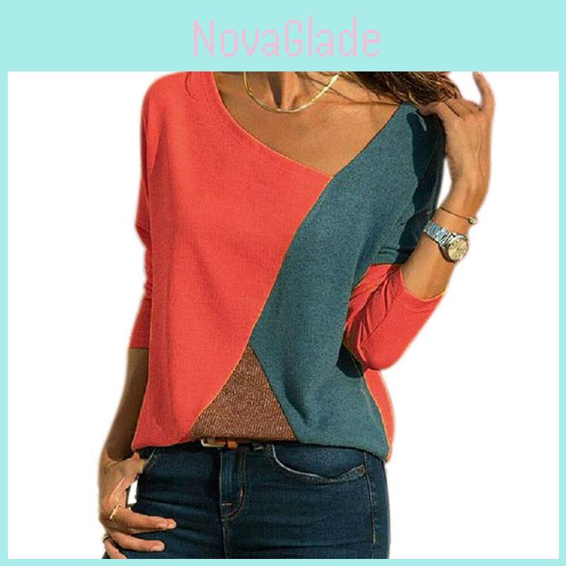 Premium Women T-shirts Long Sleeve Round Neck Patchwork Pullover Slim Fit Female Tops