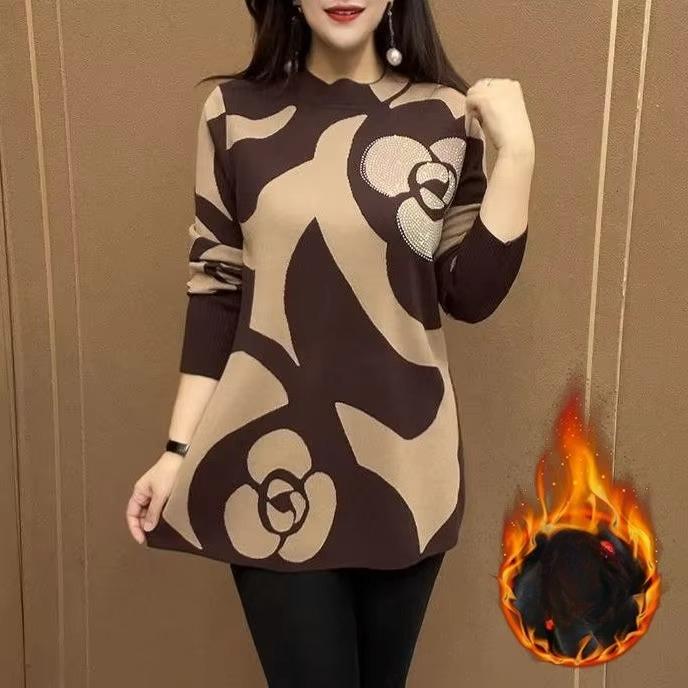 Plush Velvet Warm Mid-Length Bottoming Shirt Retro Pattern Large Size Loose Casual