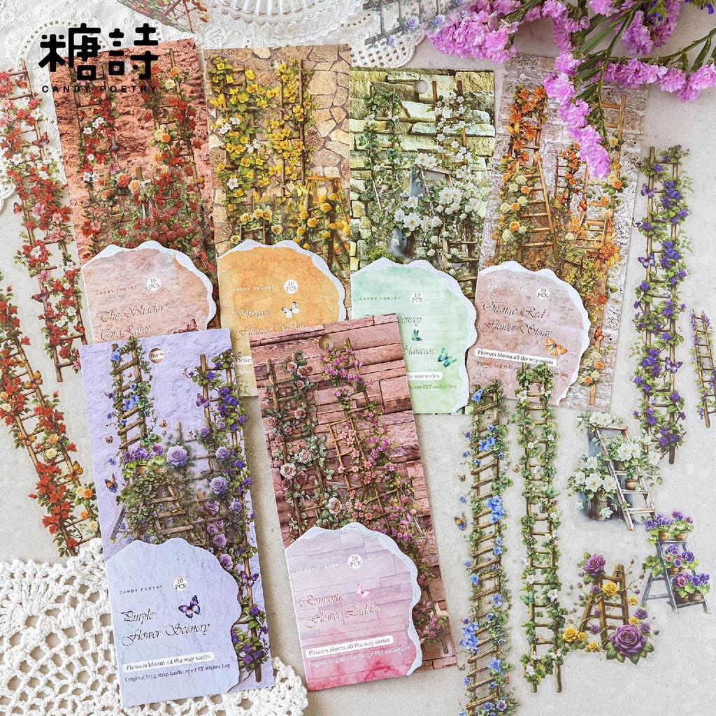 1pack/10Pcs Plant Flower Ladder Theme Stickers Retro Fresh Style DIY Handmade Album Scrapbooking Decorative Supplies