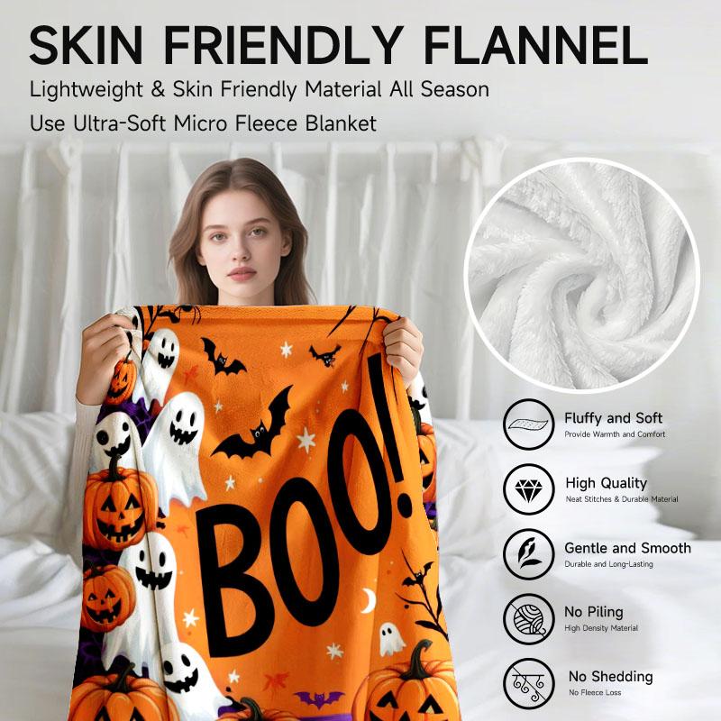 1 piece Halloween-themed orange flannel blanket, soft, suitable for sofa, bed, office, all-season use.