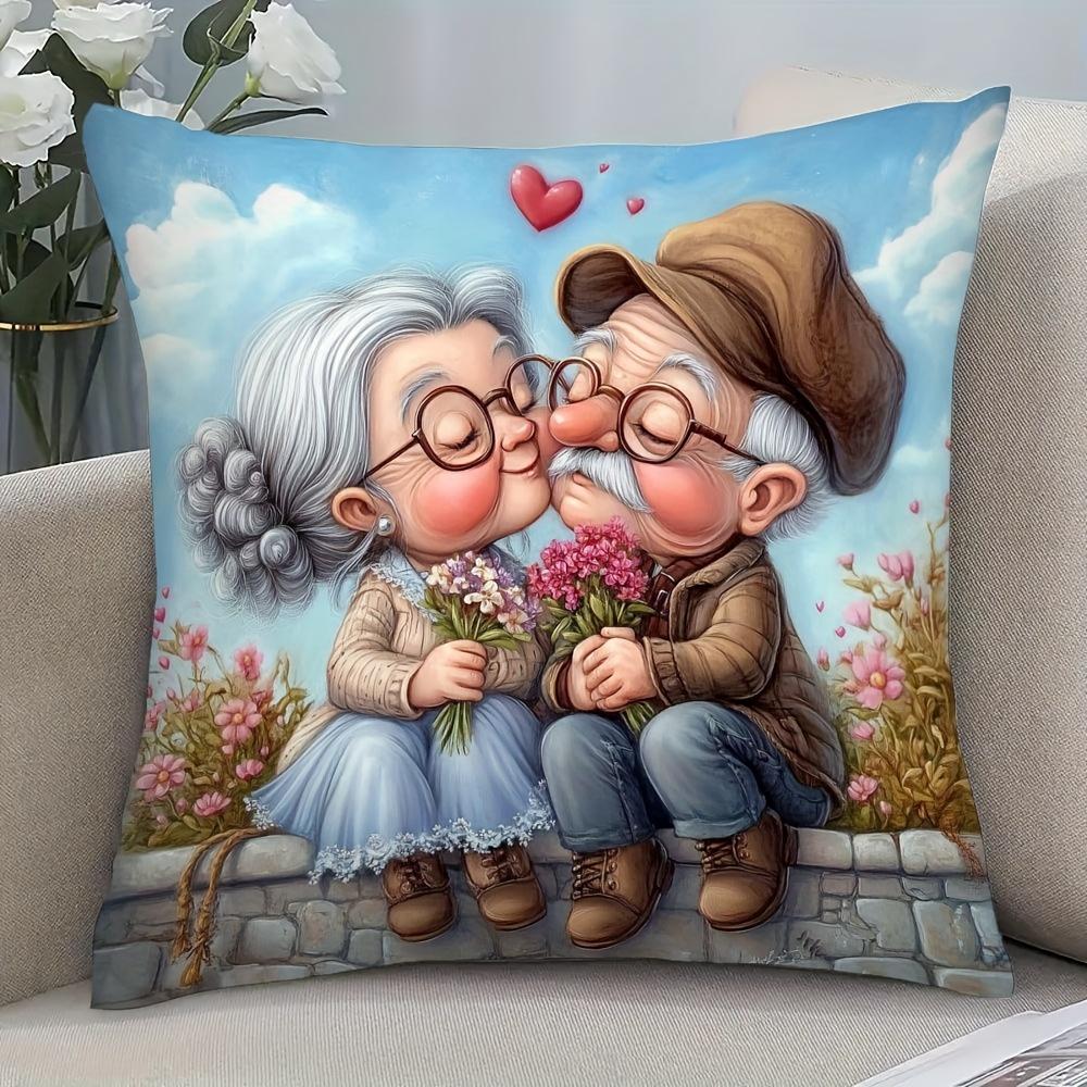 1pc Romantic Elderly Couple Decorative Pillow Cover - Vintage Style Polyester Cushion Case with Zipper, Perfect for Living Room, Farmhouse, and Modern