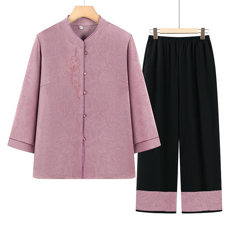 Mother's Summer Tang-Style Two-Piece Set: Seven-Sleeve Shirt & Top for Middle-Aged & Elderly Ladies