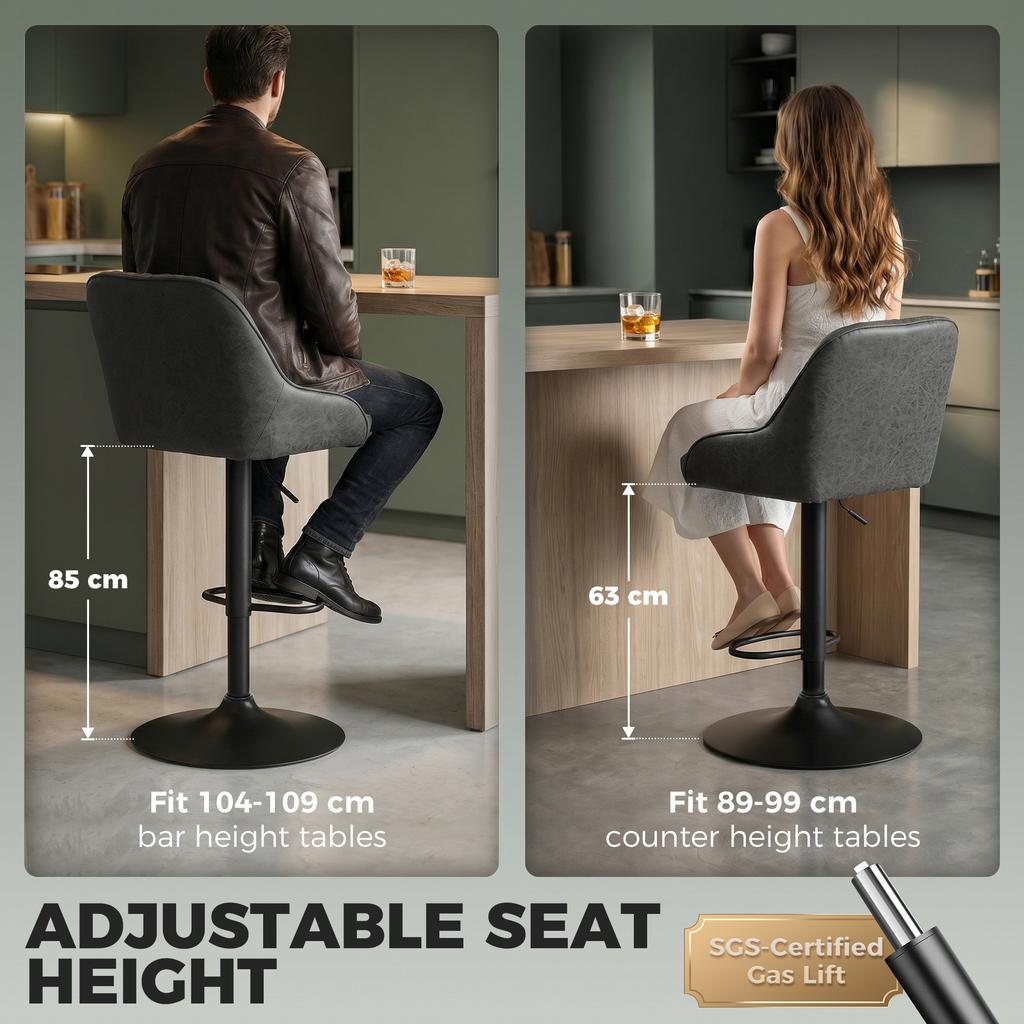 Bar Stools Adjustable Swivel Kitchen Chairs with Backrest Set of 2 for Kitchen Island Dark Grey