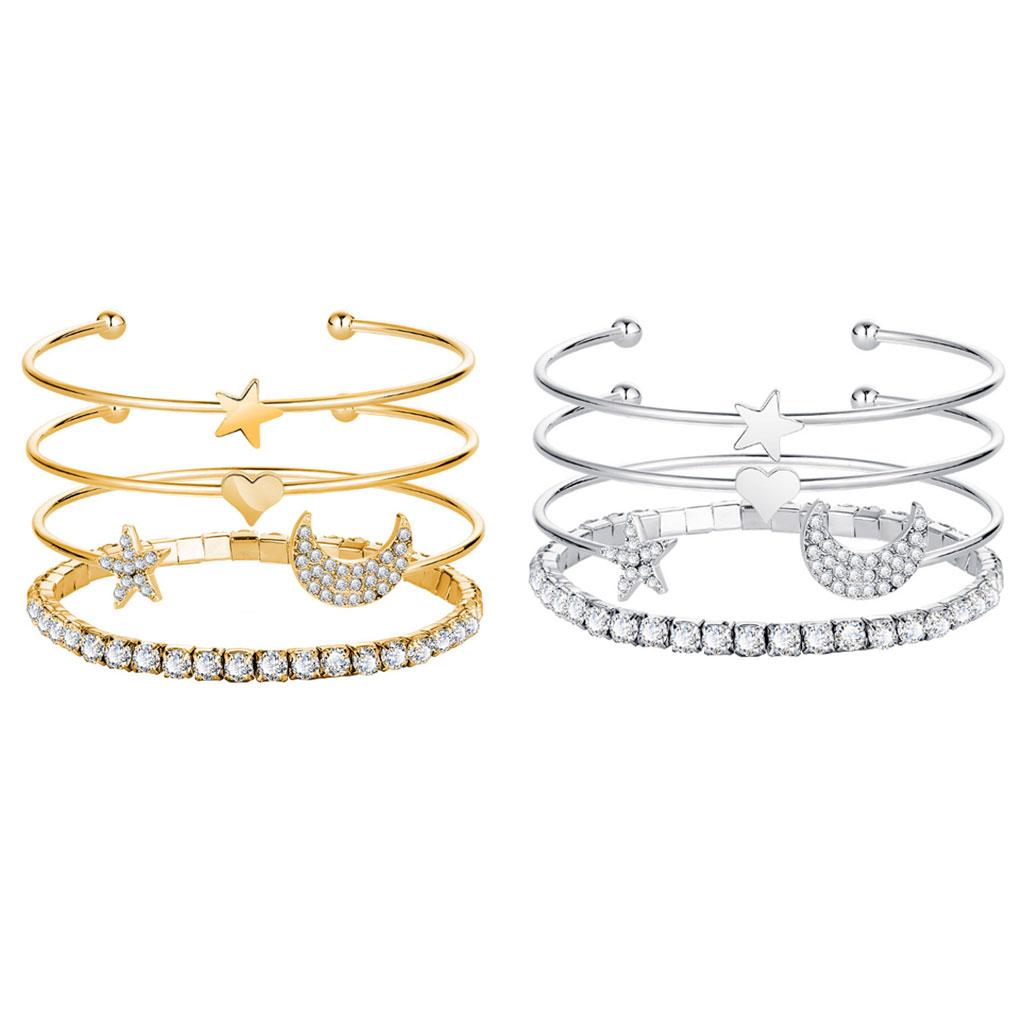 4Pcs/set Adjustable Cuff Bracelet Layered Moon Stars Bangle Bracelet Women Crystal Wristband