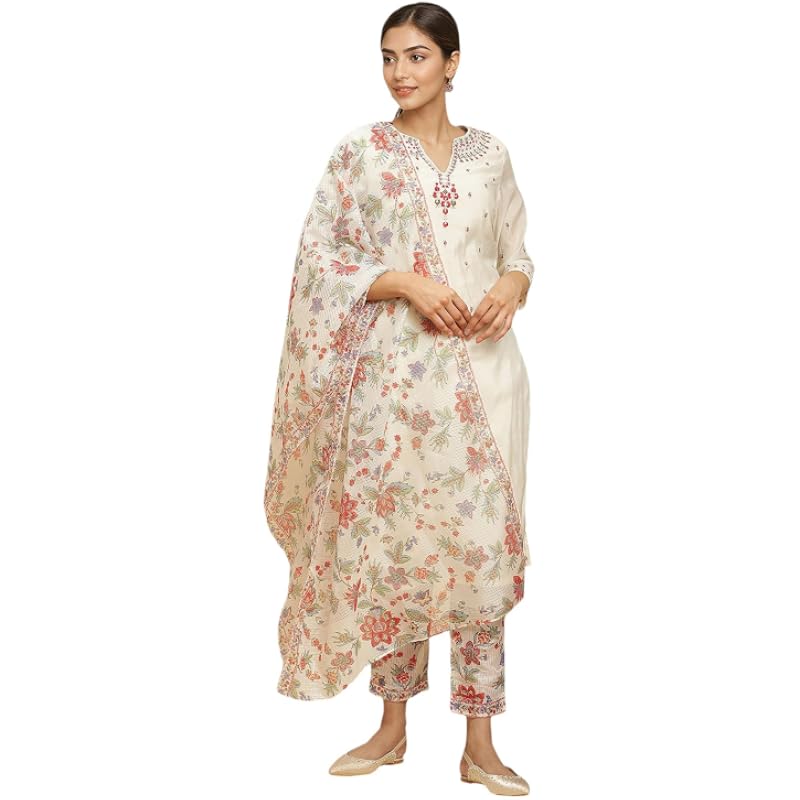 W for Woman Off W For Womanhite Floral Printed Sequined Blend Kurta Dupatta Bottomwear