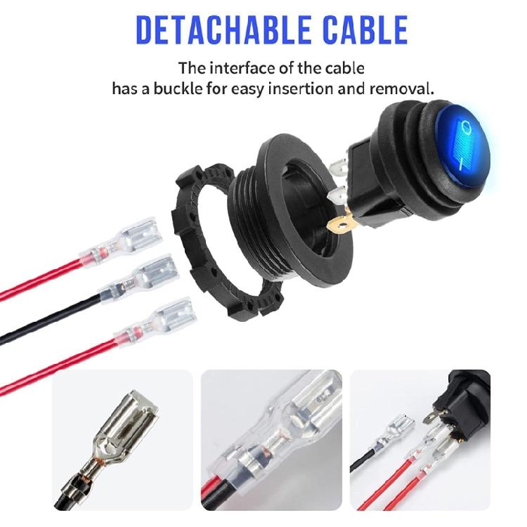 12V 20A Round Switches with LED Display & attaches  Wire  Plastic LED Illuminates Switches for Quick & Simple Installation