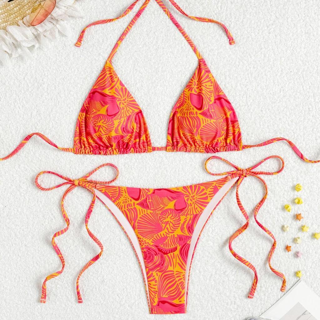European and American Women's Sexy Slimming Backless Bandage Print Triangle Bikini Swimsuit