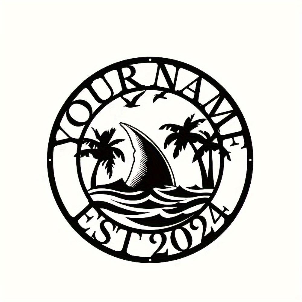 Shark Palm Tree Metal Wall Sign Black Address Phone Name Plate Indoor Outdoor Decor