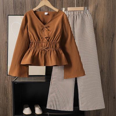 Autumn 2025 Girls' Flared Sleeve Bow Top & Wide-Leg Pants Set