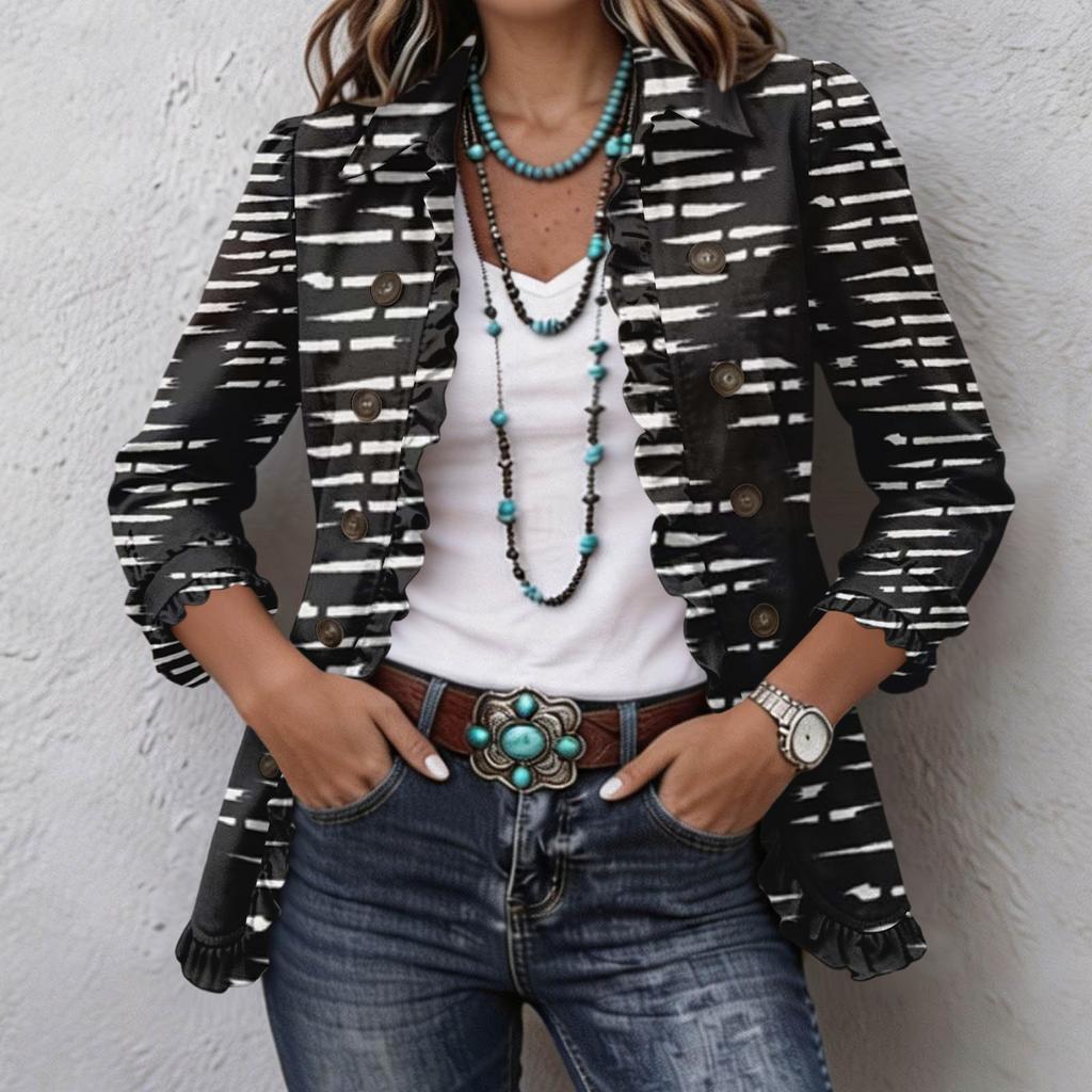 Women's Casual Striped Print Long Sleeve Ruffle Button Down Shirt Jacket for Everyday Wear