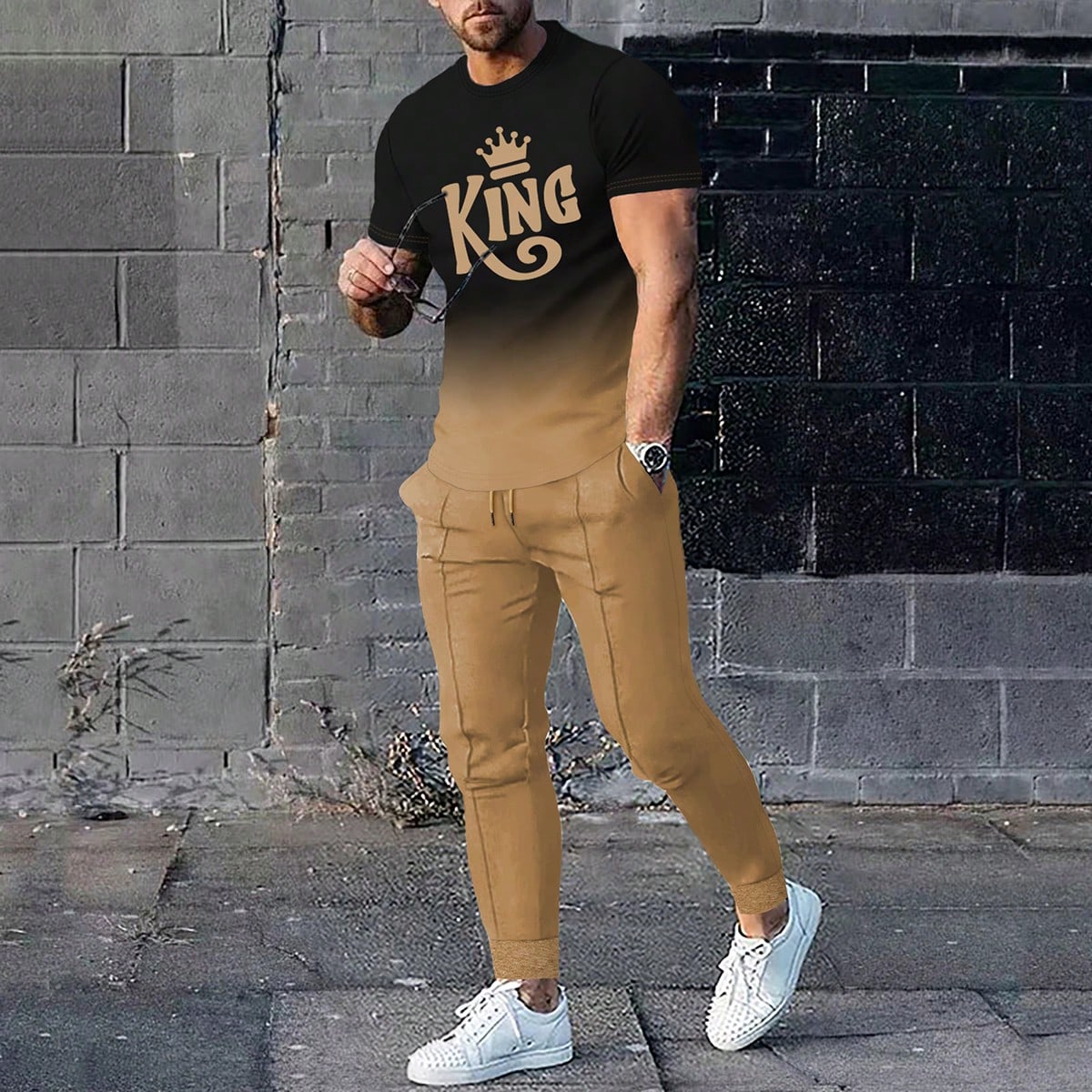 

Европейская модная одежда, комплект из двух предметов. Мужская мода, футболка с короткими рукавами и брюки с 3D-принтом для мужского отдыха на природе, комплект из двух предметов. L чёрный/хаки