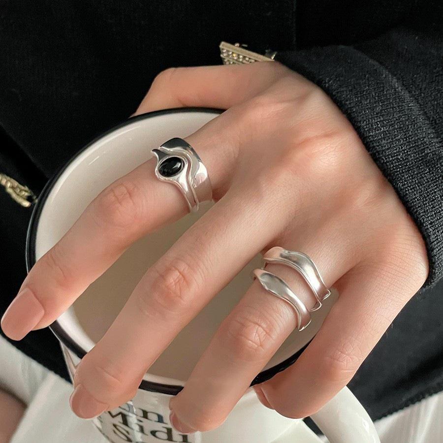 Sweet Double Layer Black Zircon Oval Ring: Women's Fashion, Trendy Hip Hop Style Open Index Finger Accessory
