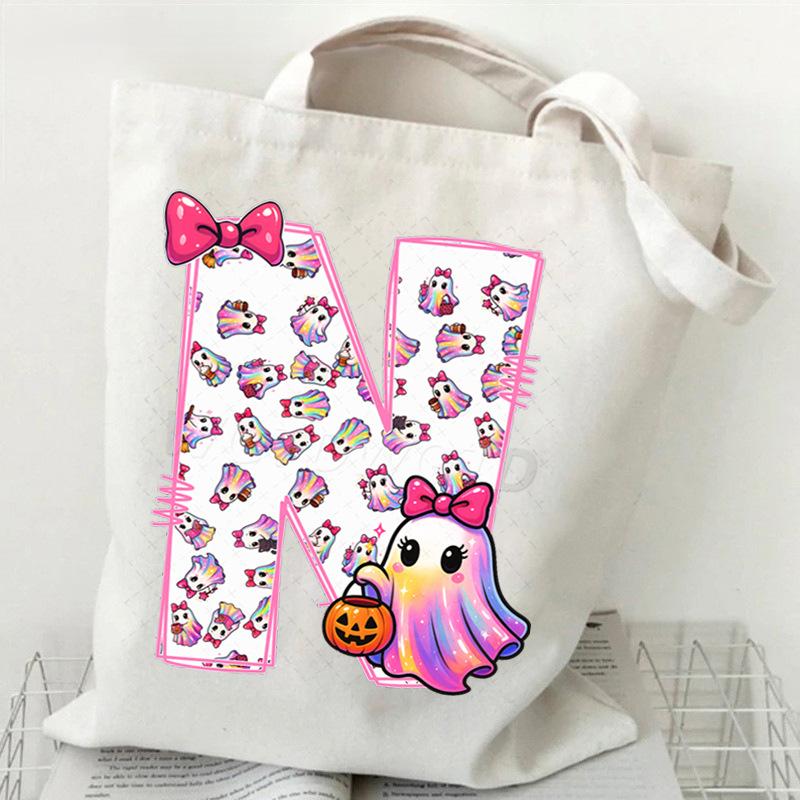 Halloween personalized print student canvas bag tutoring bag 26 letters fashion shoulder bag women large capacity