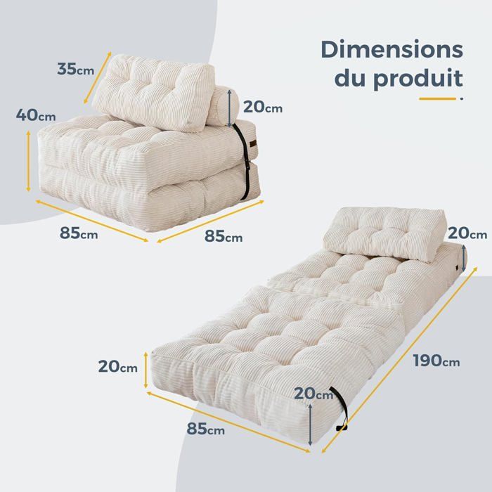 Divano letto trasformabile pieghevole con cuscino, materasso con supporto lombare, lettino prendisole portatile e confortevole per soggiorno, beige