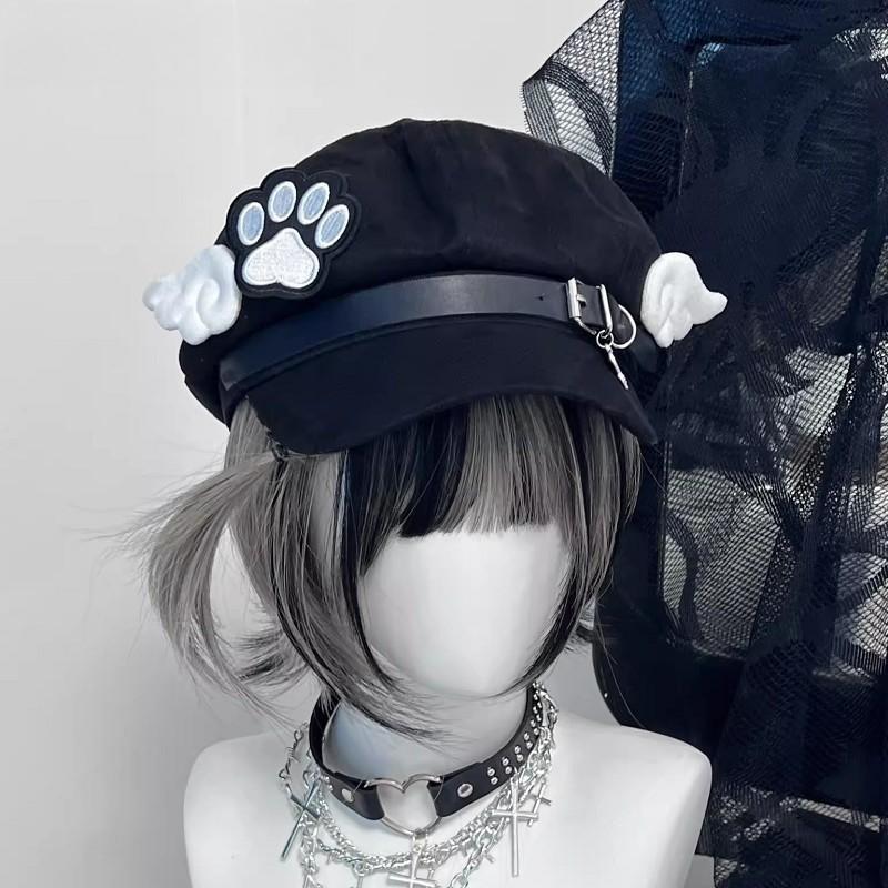 Make ized Women Harajuku Gothic Lolita Beret hat Cap Y2K Girl Angel Wing Dog Dog paw handmake Sun hats
