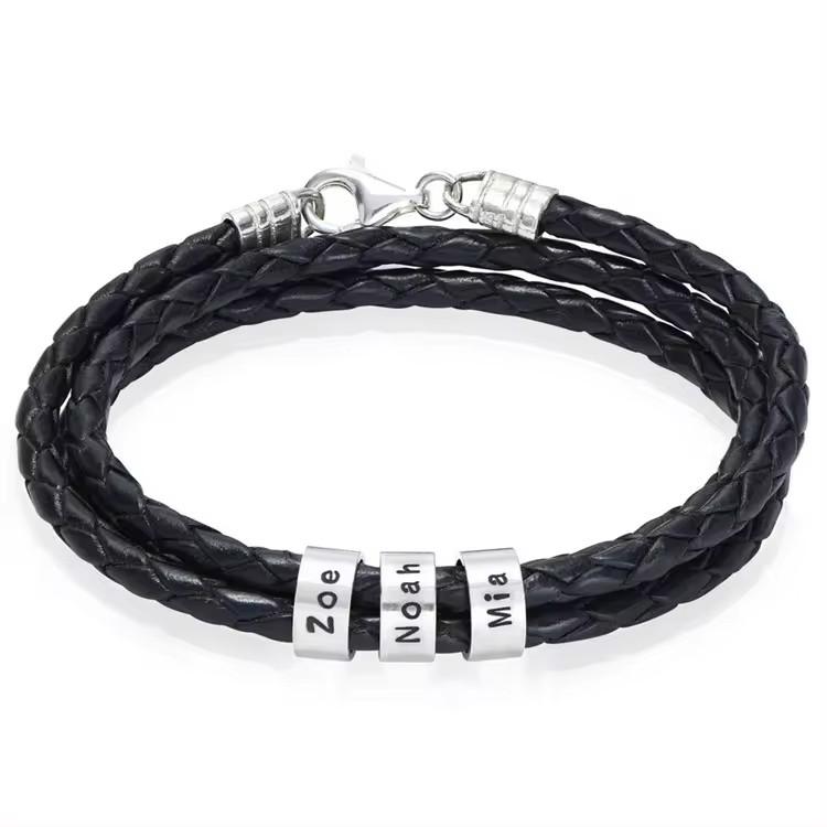 Factory Personalized Leather Bracelet 925 Sterling Silver Custom Name Beads Bracelet for Men