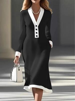 Vestido Elegante Europeo y Americano de Cuello en V con Bloques de Color de Longitud Media para Primavera/Otoño 2025