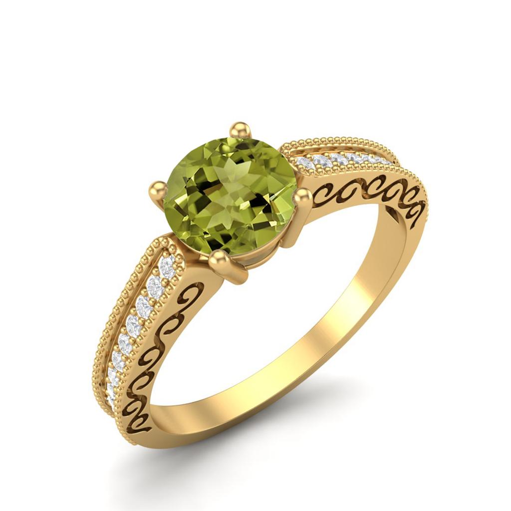 6mm Round Peridot 925 Sterling Silver Gold Vermeil Solitaire Accents Women Wedding Ring