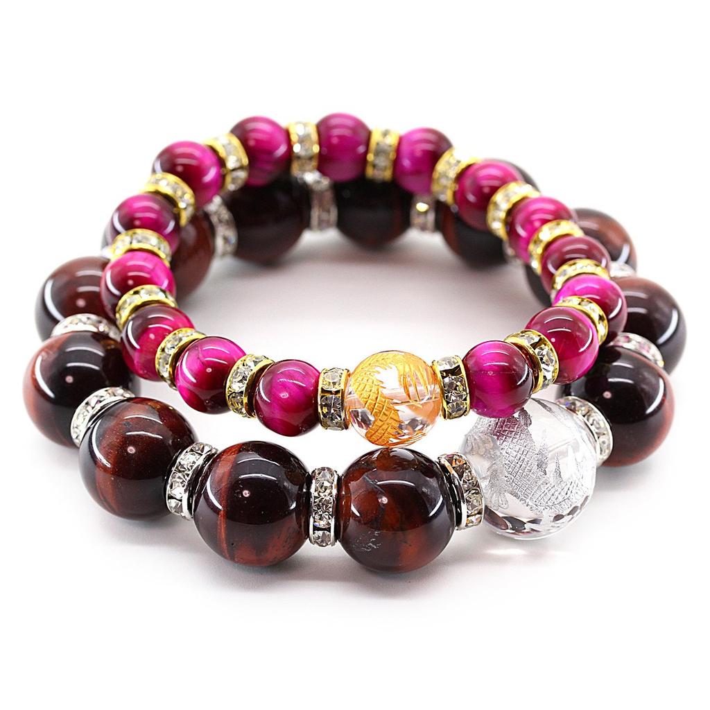 [Ishiki] Natürlicher Stein Amulett Paar Armband - Roter Tigerauge & Rosa Tigerauge - Set von 2 - Glück, Berufserfolg, Kraftstein [b178]