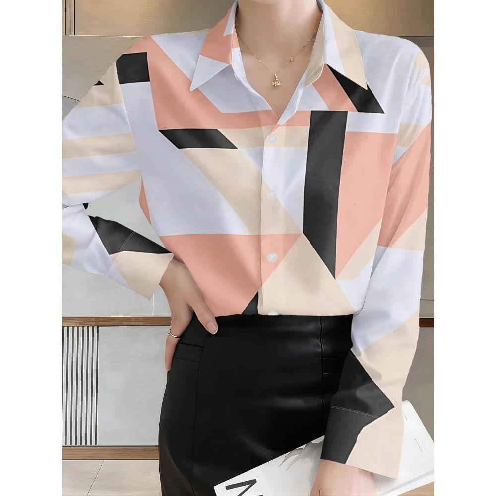 Women's casual shirts feature geometric color blocks arranged in an interlaced pattern, with black, brown, and white forming an abstract print