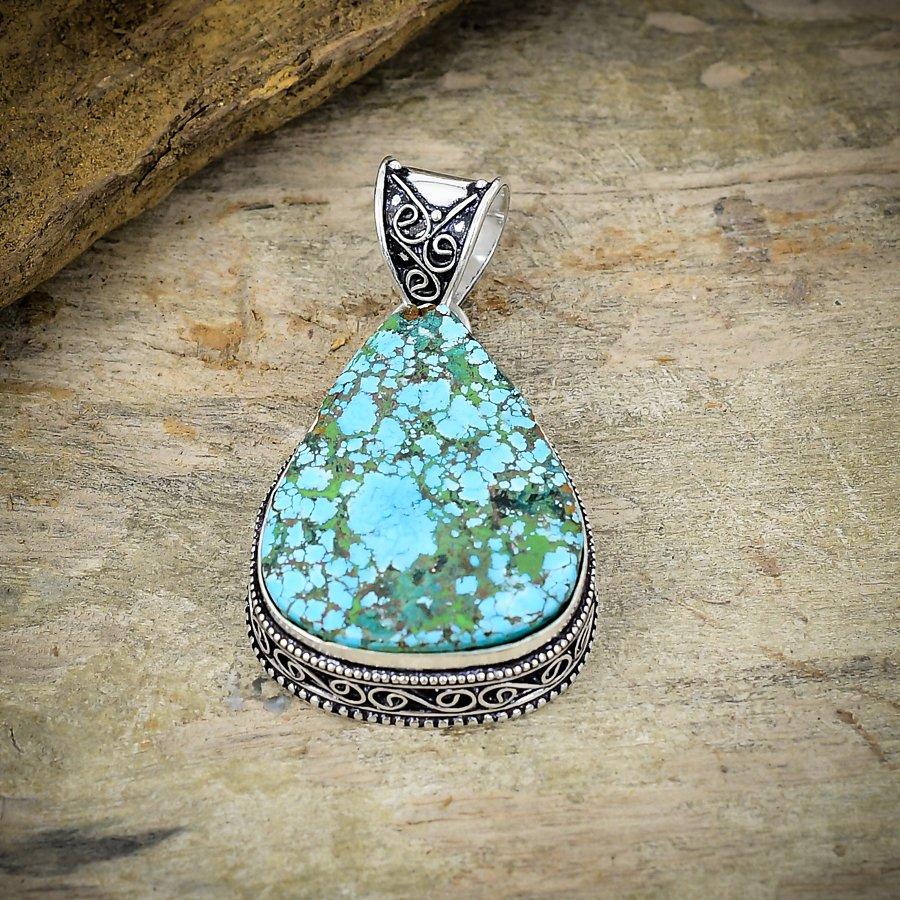 Tibetan Turquoise Gemstone 925 Sterling Silver Jewelry Pendant 2.13" M-160