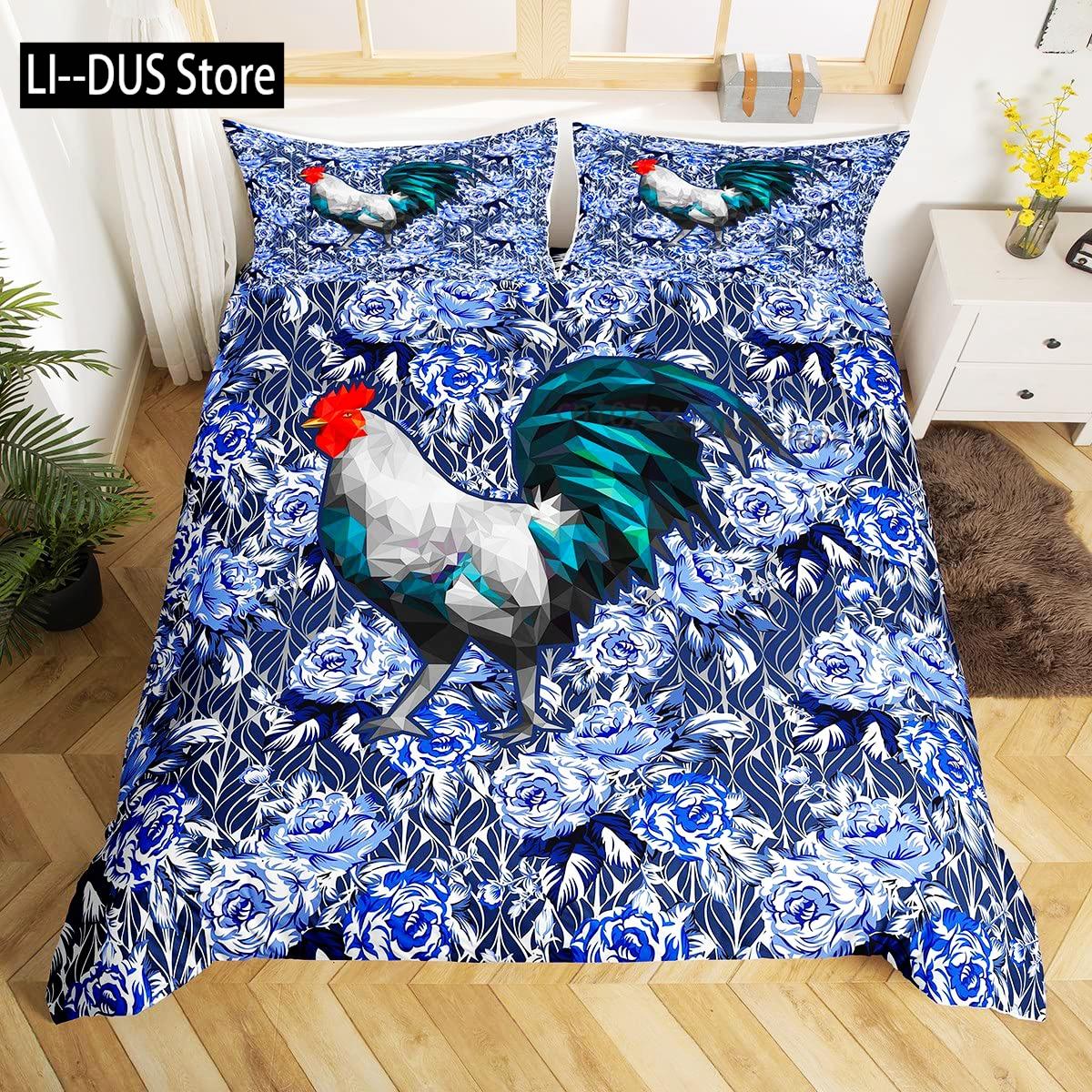 

Rooster Comforter Cover King Full Size for Boys Girls, Rustic Rooster Bedding Set Duvet Cover Vintage Bedding Collection 3Pcs 135x200cm