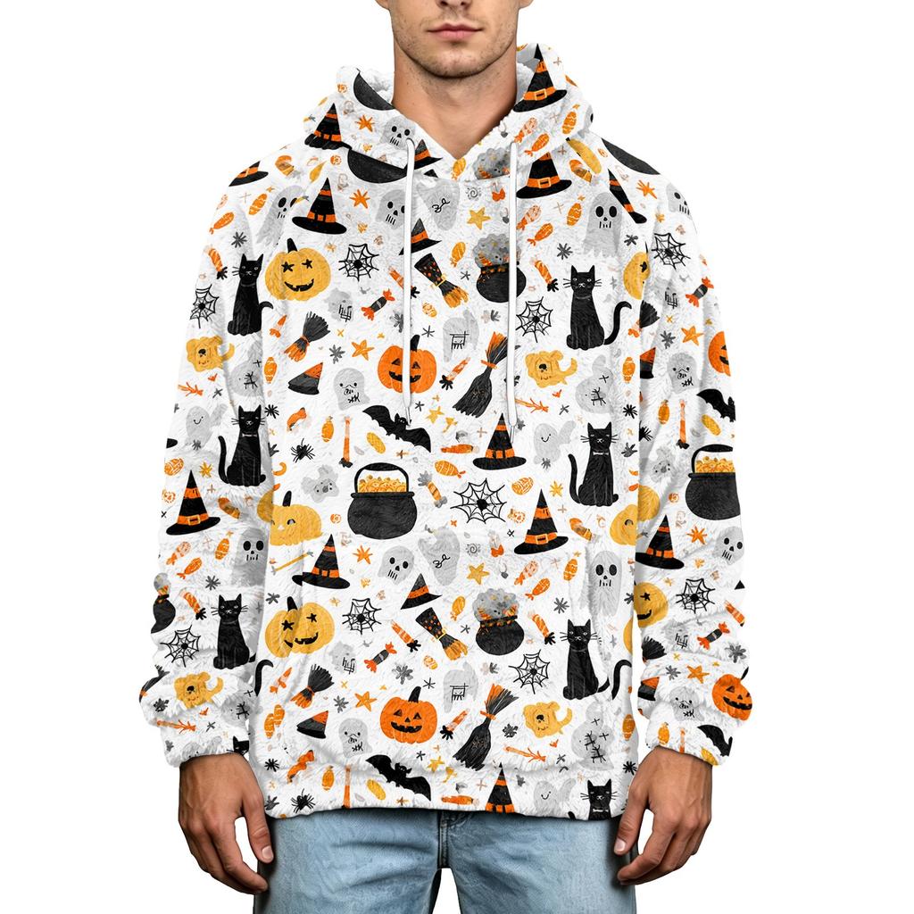 Herren Halloween Print Hoodie Übergröße Flanell Lässiger Pullover Sweatshirt für Herbst und Winter